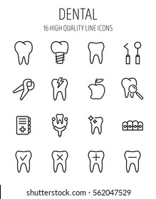 Set of dental in modern thin line style. High quality black outline teeth symbols for web site design and mobile apps. Simple dentistry pictograms on a white background.