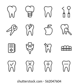 Set of dental in modern thin line style. High quality black outline teeth symbols for web site design and mobile apps. Simple dentistry pictograms on a white background.