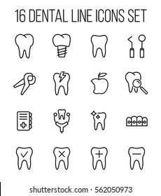 Set of dental in modern thin line style. High quality black outline teeth symbols for web site design and mobile apps. Simple dentistry pictograms on a white background.