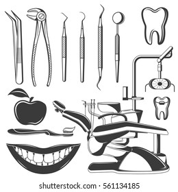 Set of dental monochrome icons, design elements isolated on white background. Dental tools and dental care tools care. Design elements for logo, label, emblem.