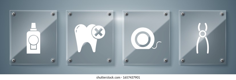 Set Dental pliers, Dental floss, Tooth with caries and Mouthwash plastic bottle. Square glass panels. Vector