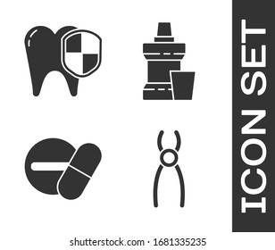Set Dental pliers, Dental protection, Medicine pill or tablet and Mouthwash plastic bottle icon. Vector