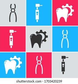 Set Dental pliers, Tooth drill and Tooth treatment procedure icon. Vector