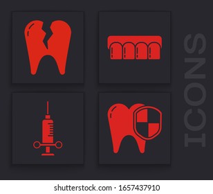 Set Dental protection, Broken tooth, Dentures model and Dental medical syringe icon. Vector