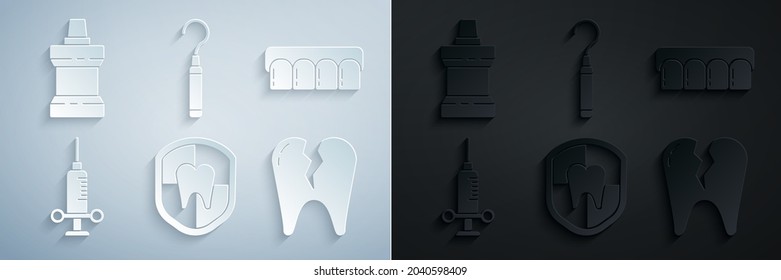 Set Dental protection, Dentures model, medical syringe, Broken tooth, explorer scaler for teeth and Mouthwash plastic bottle icon. Vector
