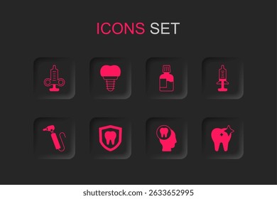 Set Dental protection, implant, Syringe, Toothache, whitening, Mouthwash and drill icon. Vector