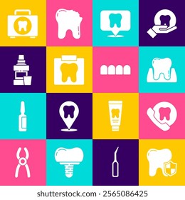 Set Dental protection, Online dental care, Tooth, clinic location, X-ray of tooth, Mouthwash bottle, First aid kit and Dentures model icon. Vector