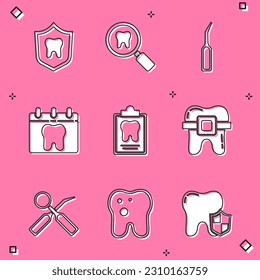 Set Dental protection, search, explorer scaler, Calendar with tooth, card, Teeth braces, inspection mirror and Tooth caries icon. Vector