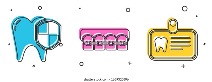 Set Dental protection, Teeth with braces and Id card with tooth icon. Vector