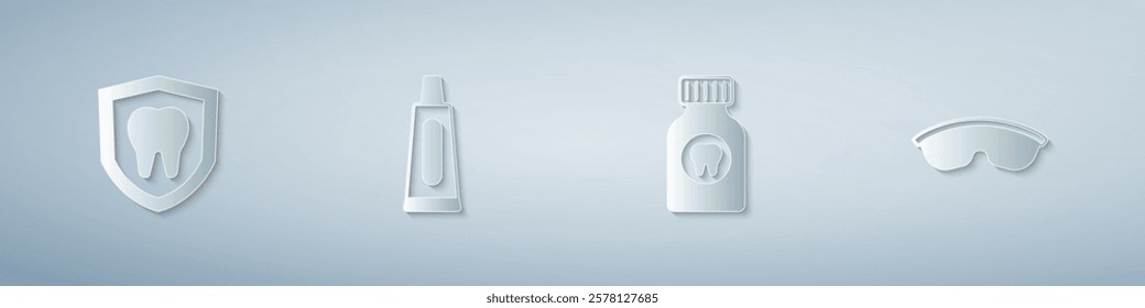 Set Dental protection, Tube of toothpaste, Toothache painkiller tablet and Safety goggle glasses. Paper art style. Vector