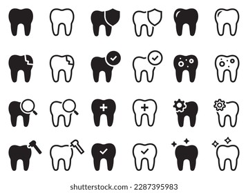 Set of dental related icons. Dentist and stomatology, teeth checkup, tooth crash, decay tooth. Vector illustration.