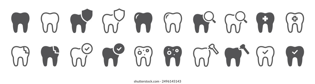 Set of dental related icons. Dentist and stomatology, teeth checkup, tooth crash, decay tooth. Vector illustration.