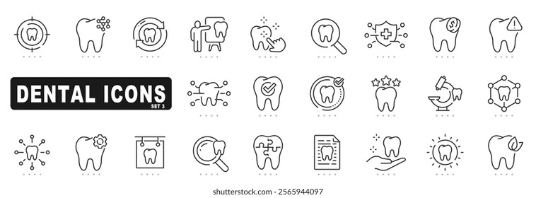 Set of dental related line icons. Teeth, dentist, braces etc. Editable stroke. Set 3