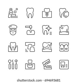 Set of dental related line icons isolated on white. Contains such icons as human tooth, toothpaste, doctor, oral medicine, parodontosis, caries, implant, veneer, braces and more. Vector illustration