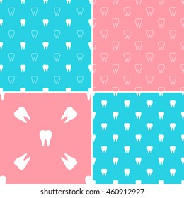 Set of dental seamless patterns with simple minimalist white teeth on the light blue and pink background. 