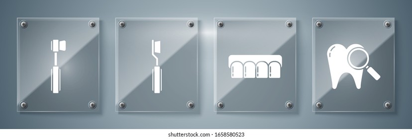 Set Dental search, Dentures model, Toothbrush and Toothbrush. Square glass panels. Vector