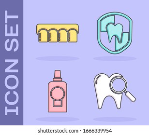 Set Dental search, Dentures model, Mouthwash plastic bottle and Dental protection icon. Vector