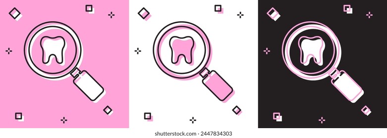 Set Dental search icon isolated on pink and white, black background. Tooth symbol for dentistry clinic or dentist medical center.  Vector