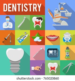 Set Dental Services and Stomatology icons in flat style on Square with Long Shadows like Doctor, dentist chair, braces, cartridge syringe and implant. Isolated vector illustration