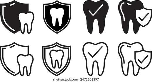 Set of Dental Shield Tooth Protection flat icons. Healthy teeth and shield, anti-caries and protection bacteria. Dental Care, Teeth, insurance symbol editable stock isolated on transparent background.