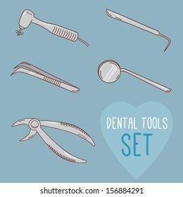 Set of dental tools in cartoon style. Teeth treatment and care. Vector illustration for children dentistry and kids about toothache.