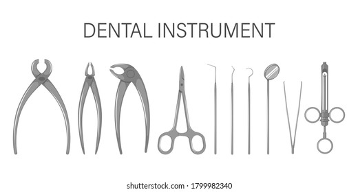 A set of dental tools. Instruments for treating and checking teeth and oral cavity. Dental clinic equipment. Flat style, vector illustration, isolated on white background