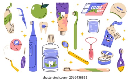 Set of dental tools or oral care items. Vector icon of mouth cleaning and teeth whitening, tooth brushing accessory. Orthodontic equipment. Toothbrush and gum, rinse and tongue scraper, toothpaste.