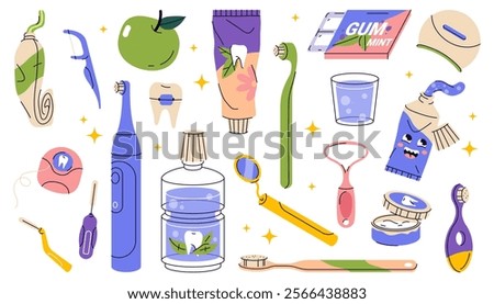 Set of dental tools or oral care items. Vector icon of mouth cleaning and teeth whitening, tooth brushing accessory. Orthodontic equipment. Toothbrush and gum, rinse and tongue scraper, toothpaste.