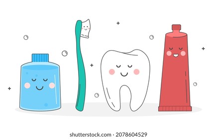 Set of dental tools. Taking care of your health, hygiene, care. Enamel protection, bathroom, brush, toothpaste, tubes collection. Cartoon flat vector illustrations isolated on white background