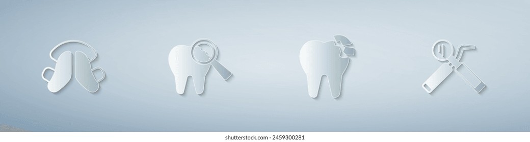 Set Dental tooth plate, Broken,  and mirror and probe. Paper art style. Vector