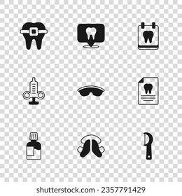 Set Dental tooth plate, Clipboard with dental card, floss, Safety goggle glasses, Calendar, Teeth braces, clinic location and Syringe icon. Vector