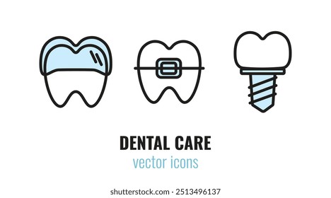 Conjunto de ícones de tratamento dentário. Dente com alinhador dentário, dente com aparelho dentário, implante dentário. Ilustração vetorial