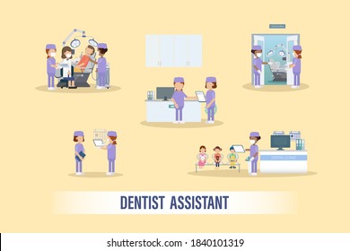 Set of dentist assistant working flat design vector illustration 