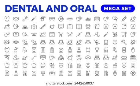 Conjunto de iconos de dentista. Paquete de iconos de estilo de arte de línea simple. Ilustración vectorial. Pictograma de trazo de elementos dentales y conjunto de iconos de web delgada mínima. Colección Outline. ilustración