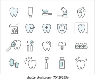 Set of Dentist Icons. Vector Simple Line design. Healthcare concept. Implant, Electric Toothbrush, Floss and more.
