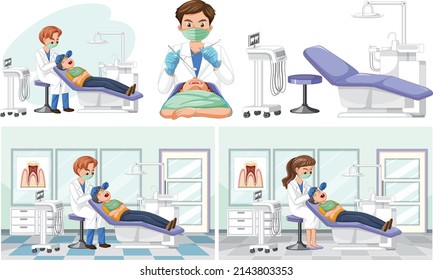 Set of dentist instruments examining patient teeth  illustration