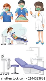 Set of dentist instruments examining patient teeth  illustration