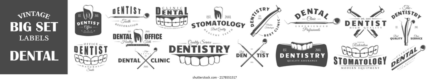 Set of dentist labels. Elements for design on the dentist theme. Collection of dentist symbols: tooth, jaw, dental tools. Vector illustration