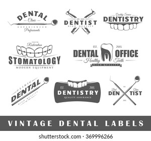 Set of dentist labels. Elements for design on the dentist theme. Collection of dentist symbols: tooth, jaw, dental tools. Modern labels of dentist. Emblems and logos of dentist. Vector illustration 