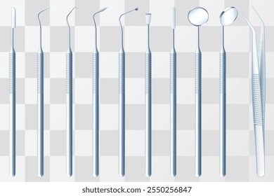 Set of dentist surgery tools isolated on white background. Dental surgical steel tools, Periodontal Scalers or surgeon teeth operation equipment. Realistic 3d vector illustration