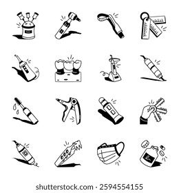 Set of Dentist Tools Doodle Style Icons 

