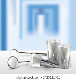 Set dentist tools on table close up