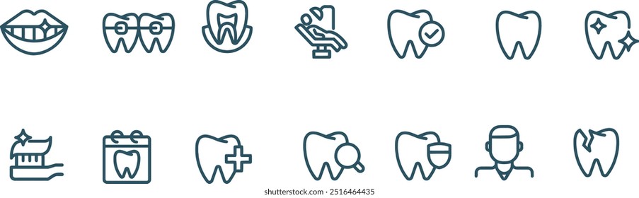 Conjunto de iconos de la línea del Vector del dentista, icono de la línea del diente
