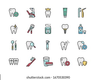 Set of Dentistry Flat Color Line Icons. Denture, Toothpaste, Toothbrush and more