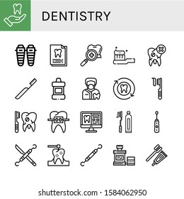 Set of dentistry icons. Such as Tooth, Shin, Dental record, Dental checkup, Tooth Brush, Toothbrush, Mouthwash, Dentist, Broken tooth, Braces, Electric toothbrush. dentistry icons.