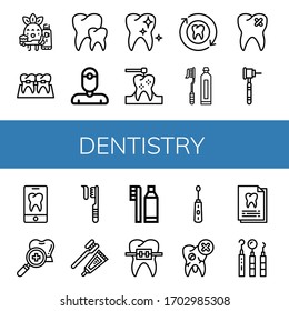 Set of dentistry icons. Such as Toothbrushing, Braces, Teeth, Dentist, Healthy tooth, Dental drill, Tooth, Toothbrush, Broken tooth, Dental checkup, Dental hygiene , dentistry icons