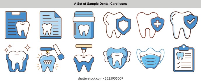 A set of dentistry line icons featuring tooth protection, oral hygiene symbols like shield, dental checkup document, and fillings, all in vector design with blue outline.