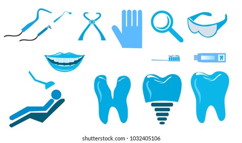 Set of Dentistry Medicine Icons in Flat Design & Blue Color. Vector Illustration