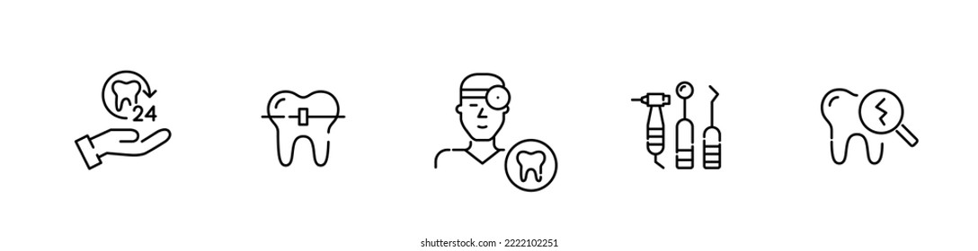 Set of dentistry related icons. 24 hour, dentist, tools, braces and cracked enamel. Pixel perfect, editable stroke
