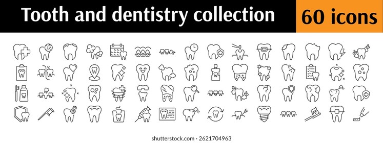 Set of Dentistry Related Line Icons. Teeth, Dental Floss, Caries, Cleaning Outline Signs for Graphic and Web Design, Apps, Adverts, Various Cards